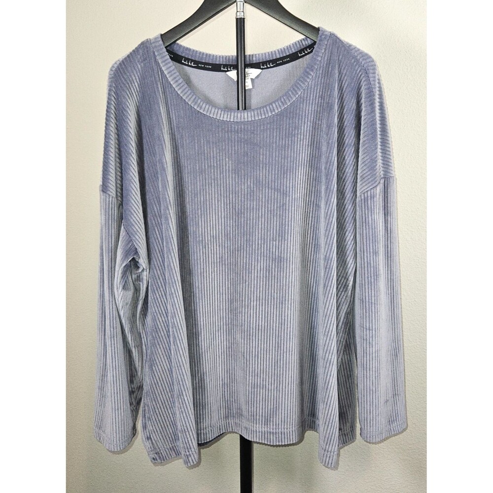 Nicole Miller New York Womens 1X Blue Ribbed Velour Top Stretch Long Sleeve Plus